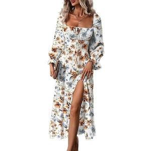 BLENCOT Womens Casual Square Neck Long Sleeve Boho Floral Midi Dress Print Side Split Dresses (Medium,  Brown Floral)