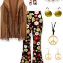 60s 70s Outfit for Women Hippie Costume 8pcs Fringe Vest Flared Pants Costume Peace Sign Necklace Earrings XXL