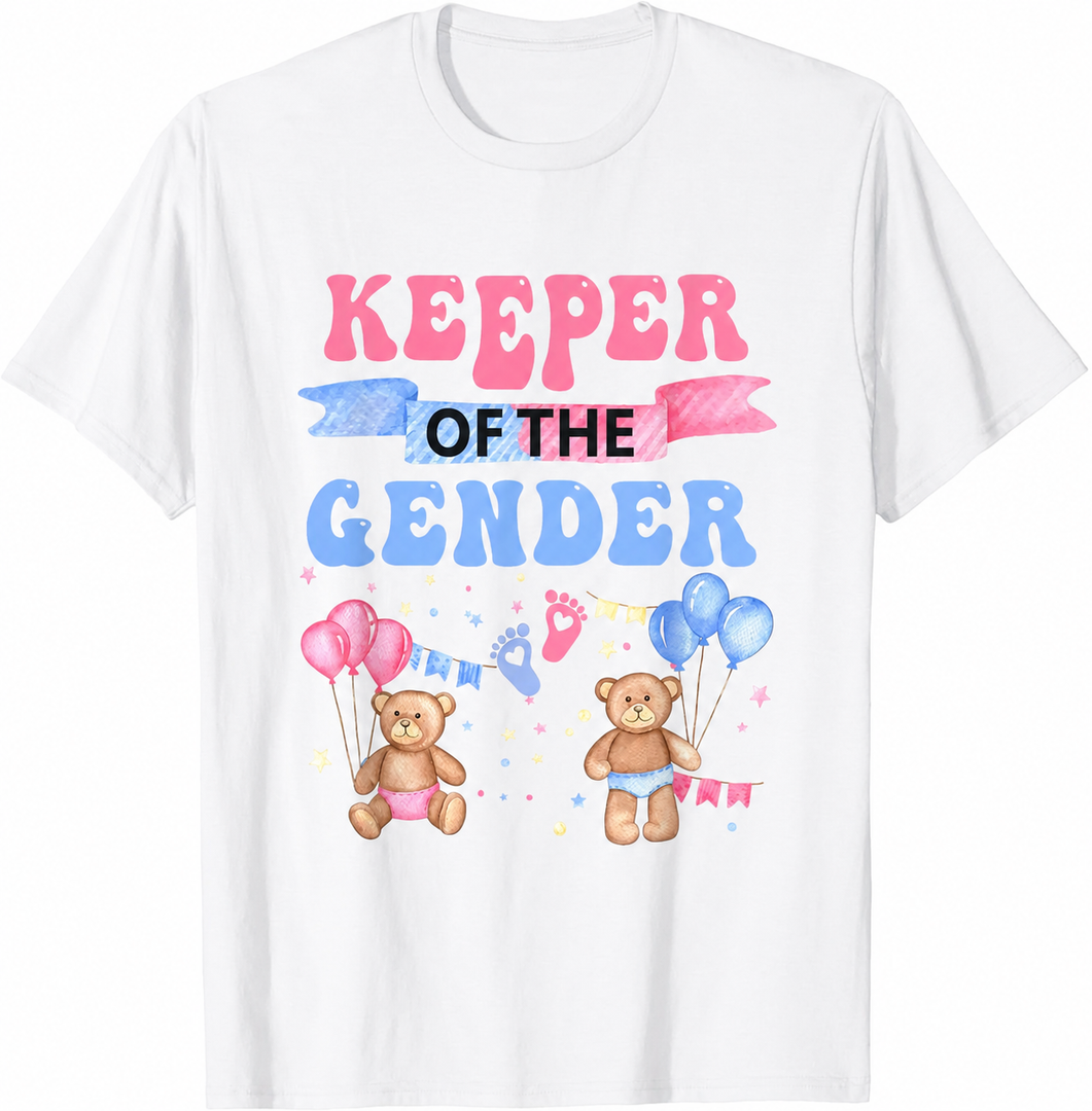 Keeper of The Gender Reveal Baby Bear Balloons Pink Or Blue T-Shirt (White, M)
