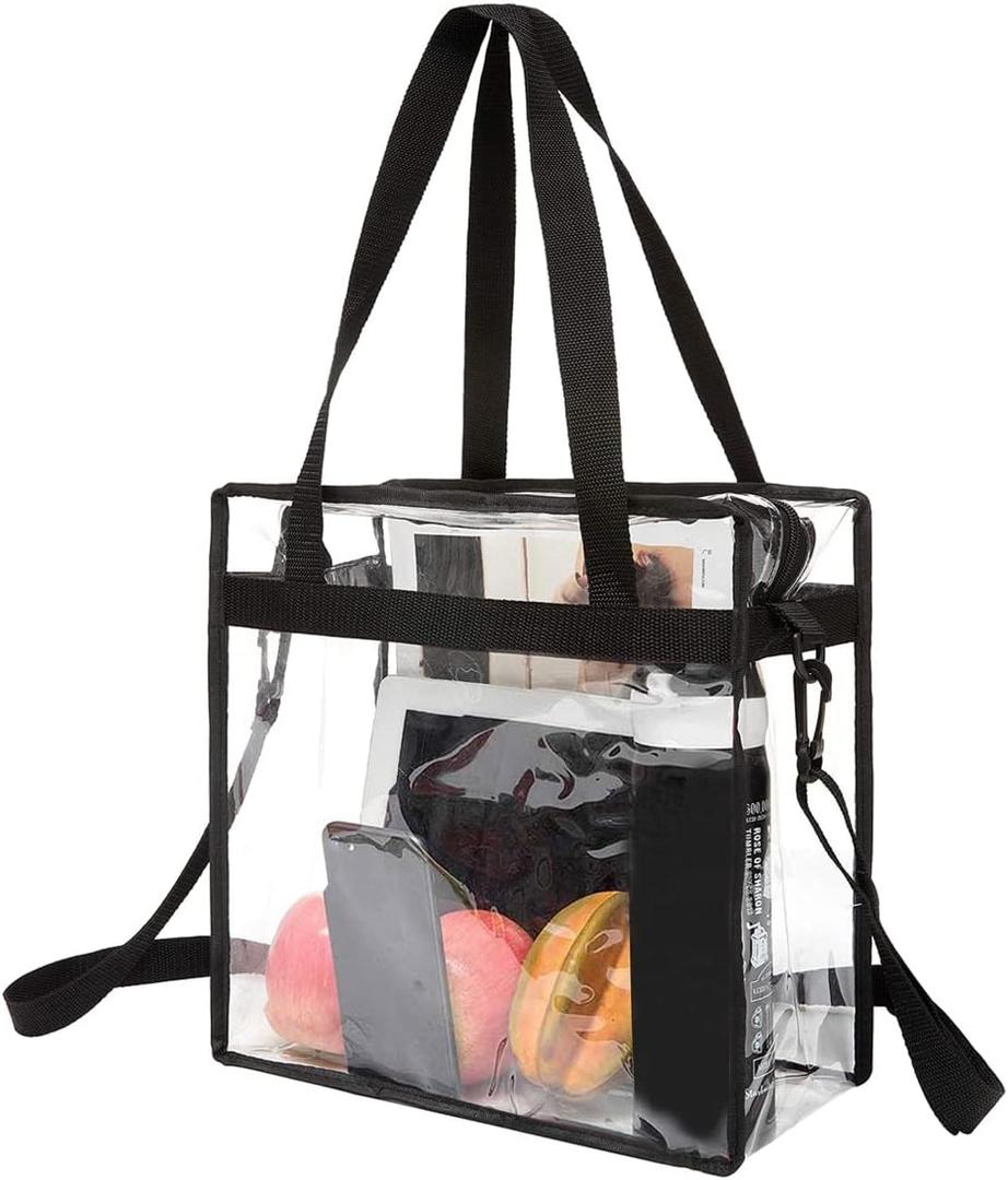 BAGAIL Clear Bags 12x6x12 Stadium Approved Clear Tote Bag with Zipper Closure Crossbody Shoulder Bag with Adjustable Strap (Black)