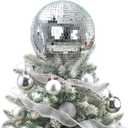 Retisee 8'' Disco Ball Christmas Tree Topper Disco Mirror Ball Xmas Tree Topper 3D Hollow Silver Decor Ornament for 70s Holiday Wedding Birthday Party Decorations