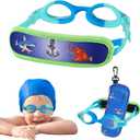 Kid swim goggles Age 3-8,Toddler Goggles No Hair Pull, Children Swimming goggles Fbric Strap (1pk - Blue Shark)