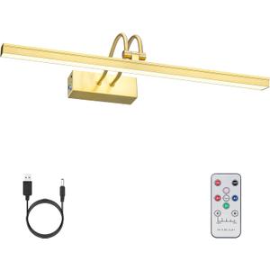 FUNCHDAY Picture Light Wireless, Rechargeable Gallery Light Battery Operated, 280LM Dimmable Art Lighting with Remote, 16" Metal Picture Lights for Wall, Paintings, Portrait, Photo (Brass)