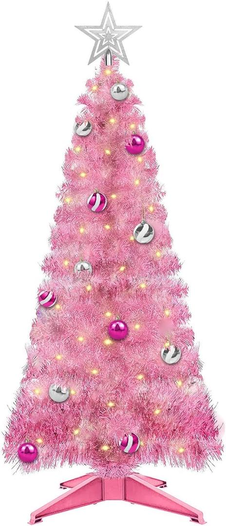 4 Ft Lighted Mini Artificial Pink Christmas Tree with Timer Remote Control 8 Mode 100 Warm White Light 18 DIY Ball Ornaments 3D Star Battery Operated Small Xmas Tree Table Indoor Holiday Decor