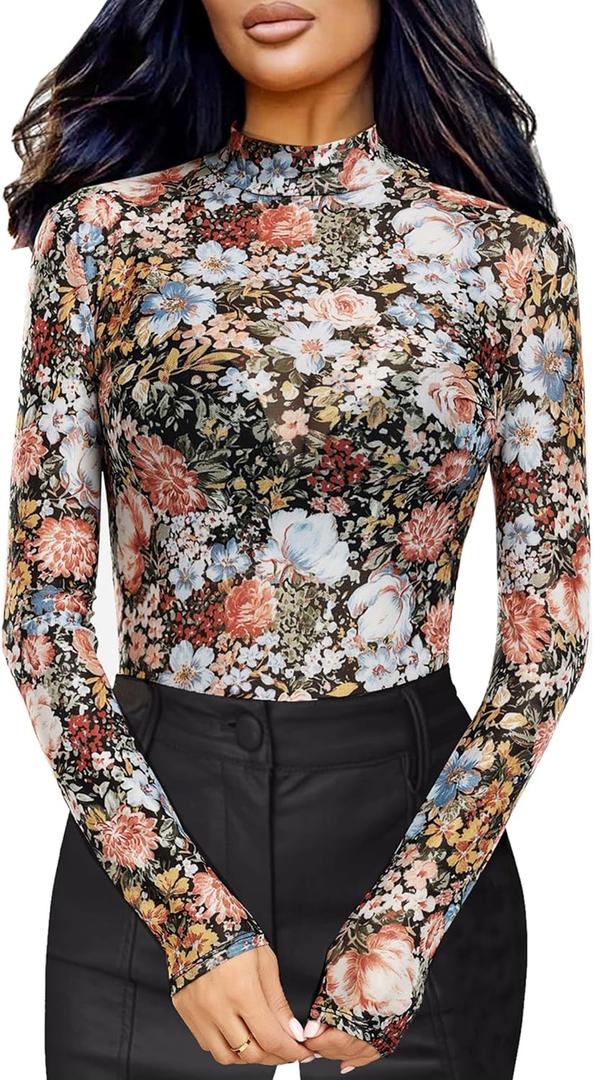 BemorRun Floral Mesh Long Sleeve Tops for Women Mock Neck See Through Fitted Sexy Going Out Top (Medium)
