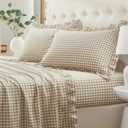 Ruffle Gingham Queen Sheet Set - 4 Piece Taupe Plaid Cotton Bed Sheets Queen Size - 16 Inch Deep Pocket Checkered Ruffled Sheets Farmhouse Decor - Linen-Feel & Breathable