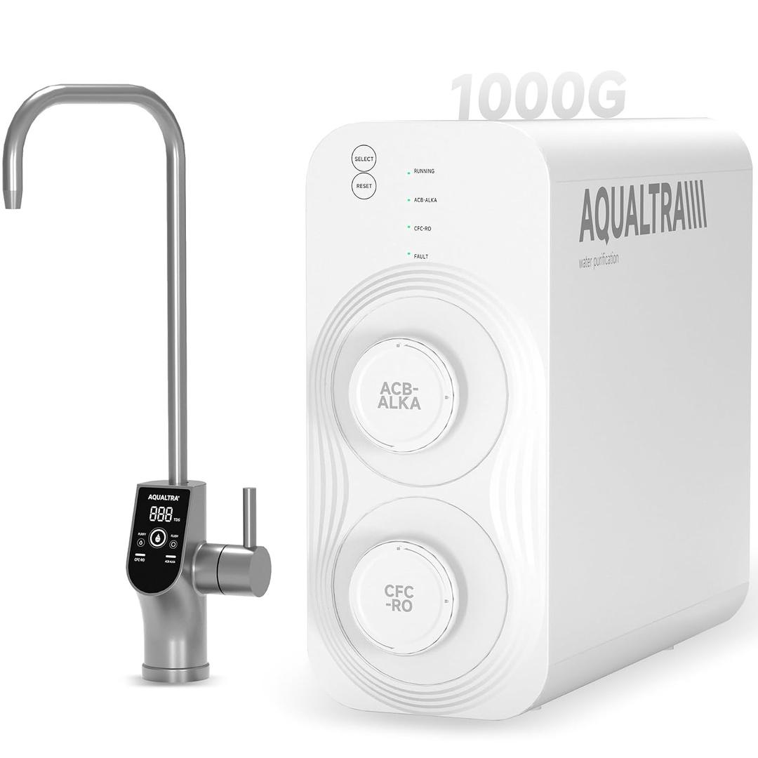 AQUALTRA USF-AR-1000 Reverse Osmosis System, 10 Stage Alkaline Tankless RO System, NSF/ANSI/CAN 372 Certified, 1000GPD, 3:1 Pure to Drain, Smart LED Faucet