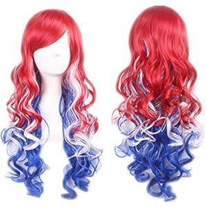 AneShe Gradient Cosplay Anime Wigs Long Curly Harajuku Style Costume Wigs for Women (Red/ Blue/ White)