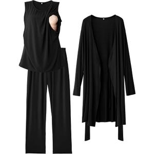 Rnxrbb Nursing Pajamas Robe Set for Women Breastfeeding Postpartum Pajama Gown for Hospital Maternity Pj 3 PCS Large