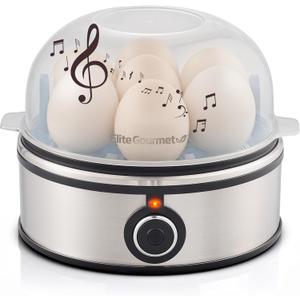 Elite Gourmet EGC855SS Easy Egg Cooker, 7-Egg Capacity, Soft, Medium, Hard-Boiled, Omelets, Poached Eggs, Plays Melody when Done, Auto Shut-Off, Measuring Cup, Stainless Steel