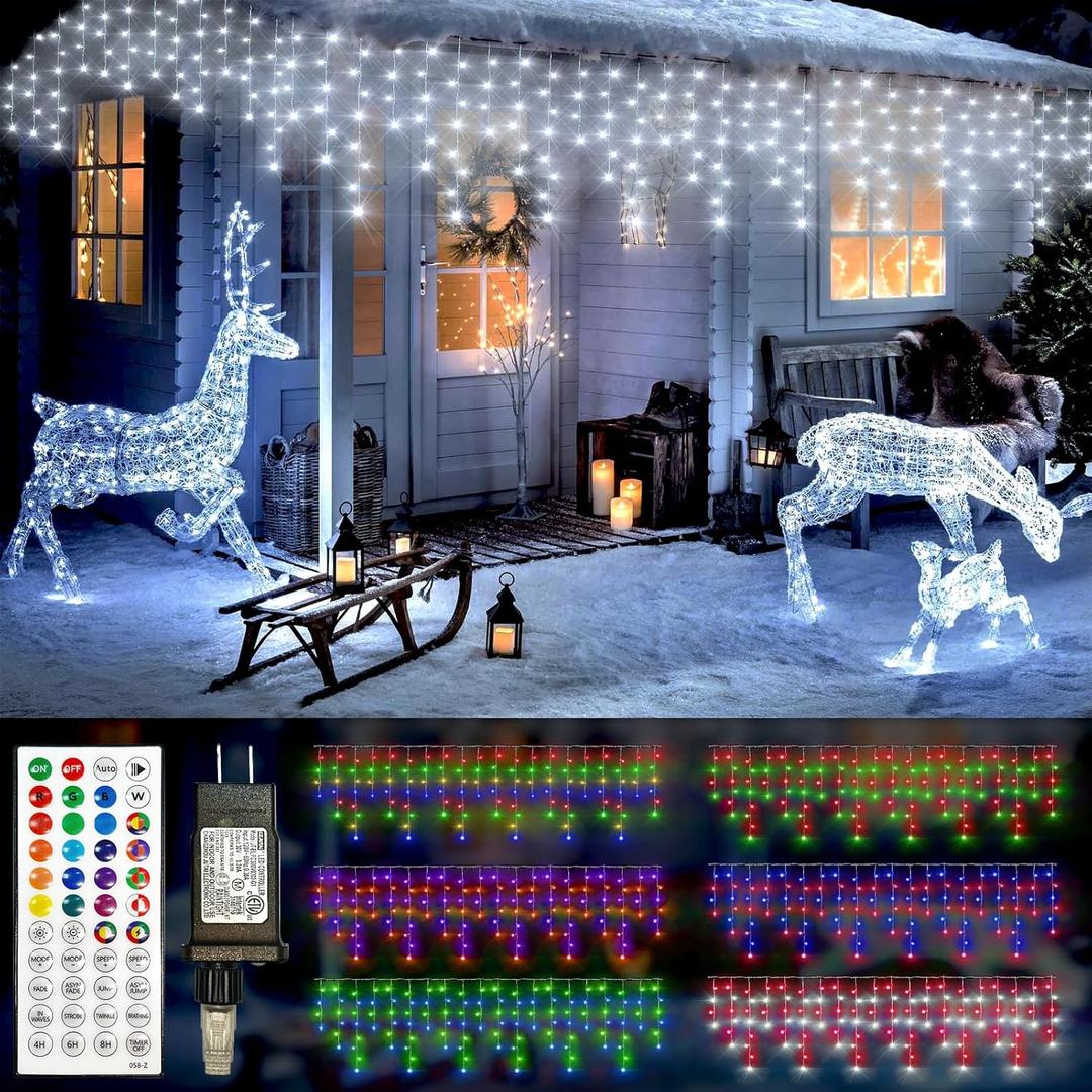 49FT, 128 Functions Christmas Icicle Lights Outdoor with 504 LED, 8 Modes and Timer Curtain Lights Outside for Garden Holiday Gatherings Indoor Outdoor Decorations, Red, Green, Blue