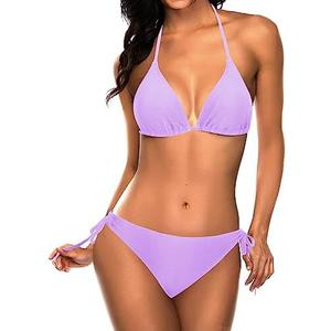 Tempt Me Women Triangle Bikini Sets Halter Two Piece Sexy Swimsuit String Tie Side Bathing Suit, Small, Lavender