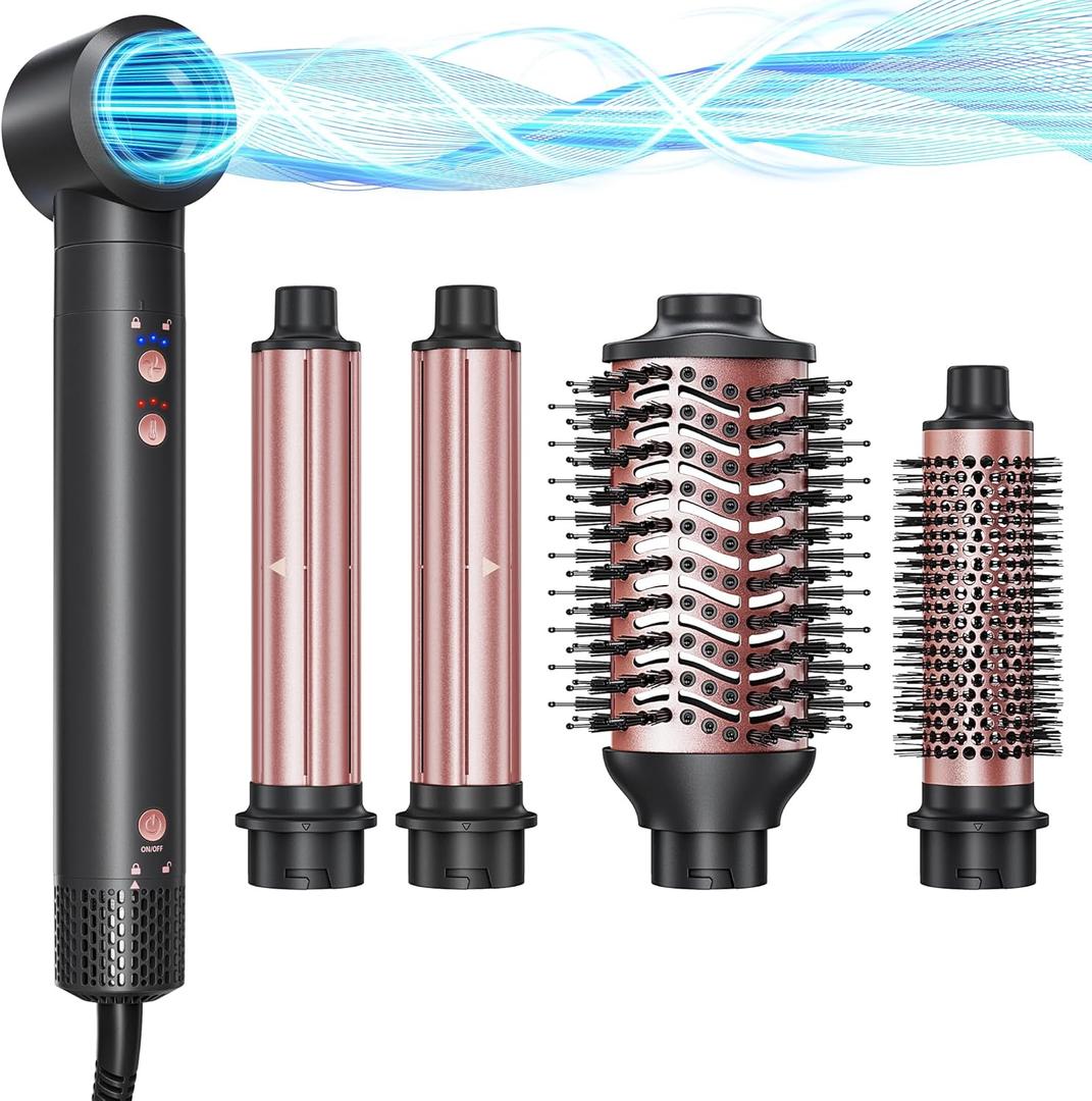 5-in-1 Hot Air Styler Wrap, High-Speed Hair Dryer Brush Blow Dryer with 2 Auto Wrap Curlers for Curling, Straightening, Volumizing, Fast Drying & Frizz-Free Styling for All Hair Types