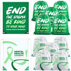 Kacctyen 6 Pcs Breast Cancer Awareness Bags Party Favor Green Ribbon Drawstring Backpacks for Cancer Awareness Month Party Gifts