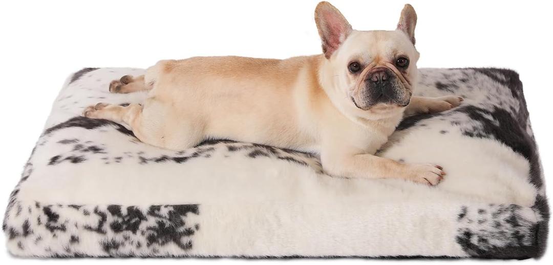 Bedfolks Plush Waterproof Dog Crate Bed, Faux Fur Kennel Pad, 35"x23", Black-white cowhide