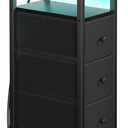 Narrow End Table Living Room with Charging Station, Skinny Side Table with Fabric Drawers, Slim LED Nightstand for Bedroom, Small Spaces, Couch, Black, HETNDP03LBK-1