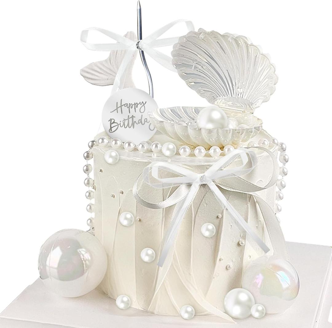 Knana 39Pcs Bow Cake Topper Shell Pearl Cake Decorations with Happy Birthday Cake Topper for Baby Shower Party Favors