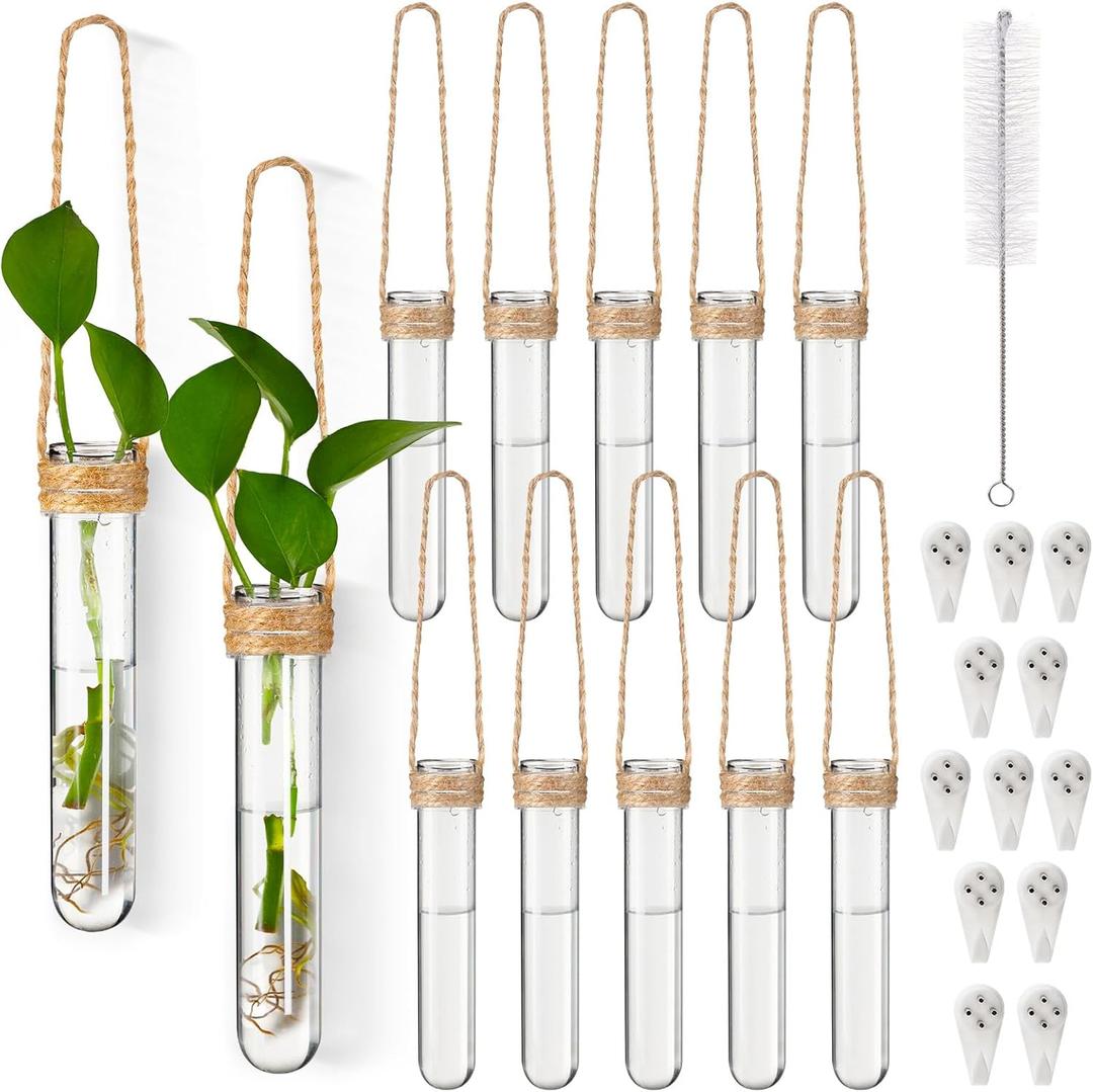 Baderke 12 Pack Plastic Hanging Propagation Tubes Propagation Station Vases Wall Hanging Plant Vase for Planters Hydroponic Office Garden Flowers Decor Lover Gift (Natural Color) (Transparent)