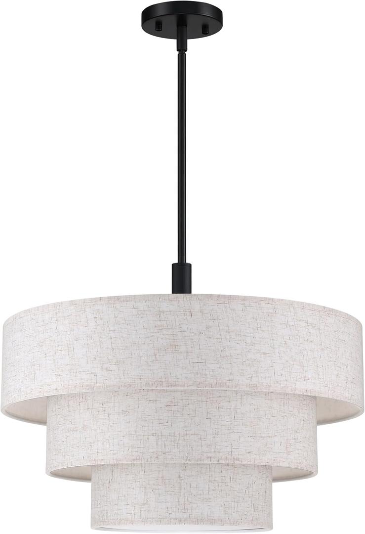 3 Tier Cream Linen Drum Fabric Pendant Light Modern Farmhouse Decor 7 Lights 24 Inch Black Finish for Kitchen Living Room Dining Room Corridor Hallway