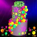 57 Pcs Neon Cake Decorations Cake Toppers Let's Glow Party Theme Decor for Glow in the Dark Neon Blacklight Party Supplies and Decorations for Birthday Wedding