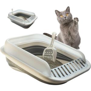 Open Cat Litter Box with High Side, Anti-Splashing Kitty Litter Pan Collapsible Travel Litter Potty Pan Scoop Leak-Proof Pedal Cat Toilet No Smell Easy Clean (M Gray High Side)