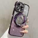 Mirror Kickstand Glitter Diamond Case for iPhone 15 14 13 12 Pro Max,Magnetic Stand Holder,Camera Lens Protector Compatible with Magsafe, Rhinesetone Bing Cover Case (Purple,for iPhone 12 Pro)