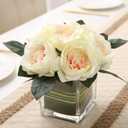 Artificial Peony Silk Flower Centerpieces Faux Floral Arrangement in Glass Vase for Home Wedding Table Decoration (Champagne)