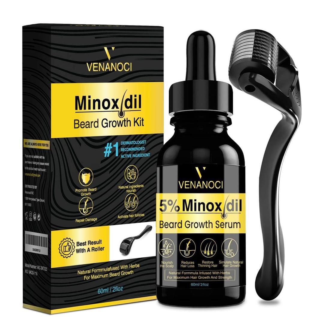 5% Minoxidil for Men Beard Growth Kit: Venanoci Hair Regrowth Oil with Biotin & Rosemary  Thicker, Fuller Beard & Hair  Stop Hair Loss & Thinning  Hair Growth Serum Treatment (2 Fl Oz (Pack of 1))