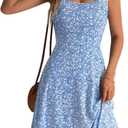 FENSACE Summer Dresses for Women Sleeveless Knee Length Floral Tank Dress (Blue, S)