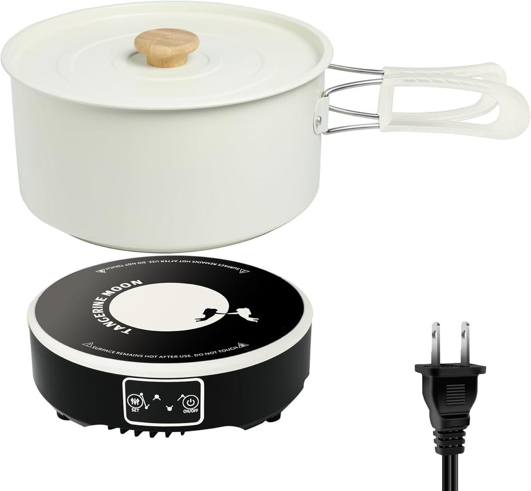 Portable Induction Cooktop with 2-Qt Pot - 650W Fast Heating, Low Noise | 7-Inch Mini Cooker for Travel, Home,Camping & RV | Flameless, Compact Space-Saving Design (Black And White)