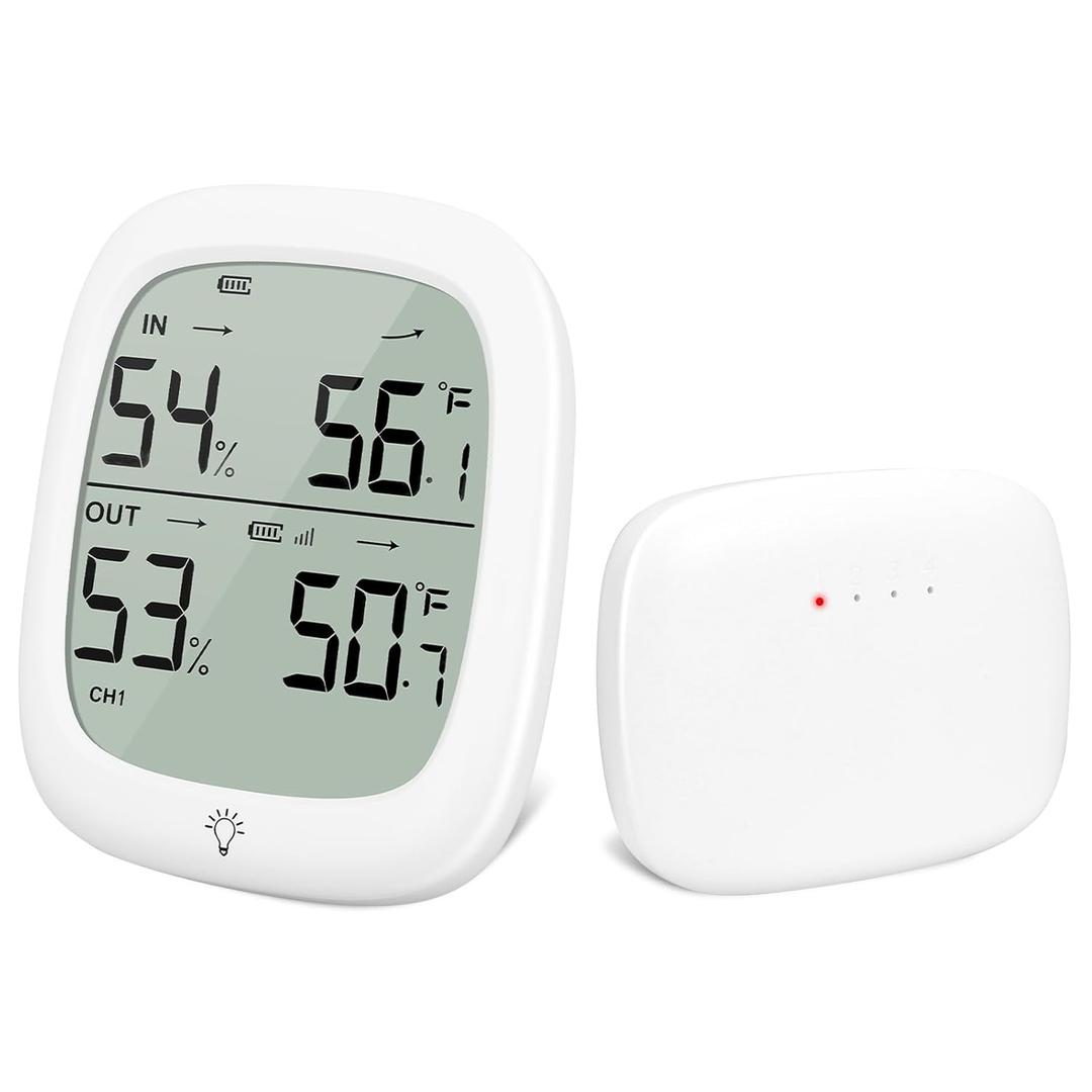 Indoor Outdoor Thermometer Wireless, Outside Digital Thermometer Humidity with IP66 Waterproof Sensor, LCD Backlight, Max/Min Trend, Wireless Humidity Gauge for Home Room Greenhouse, Patio
