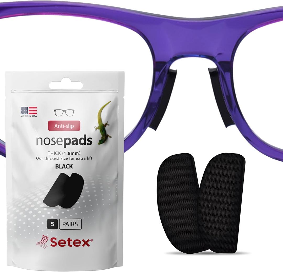 Setex Gecko Grip 1.8mm Thick Anti Slip Eyeglass Nose Pads, (5 Black Pair) USA Made, 2500 Innovative Microstructured Fibers per Nose Pad, 1.8mm x 7mm x 16mm