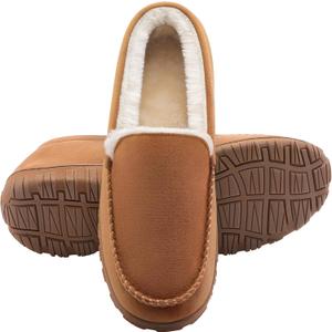shoeslocker Men's Slippers Warm Soft Plush Memory Foam House Slippers for Men Comfortable Bedroom Moccasin Slipper Non-Slip Indoor Outdoor (9, Beige)