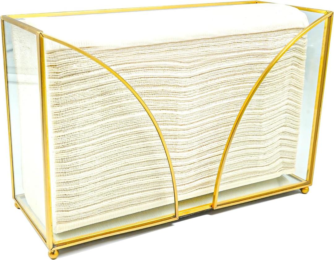 Multifold Paper Towel Dispenser Gold Glass Paper Towel Holder Countertop,Bathroom Paper Towel Dispenser with Feets,Stylish Paper Towel Holder for Bathroom Toilet Kitchen Sink Office