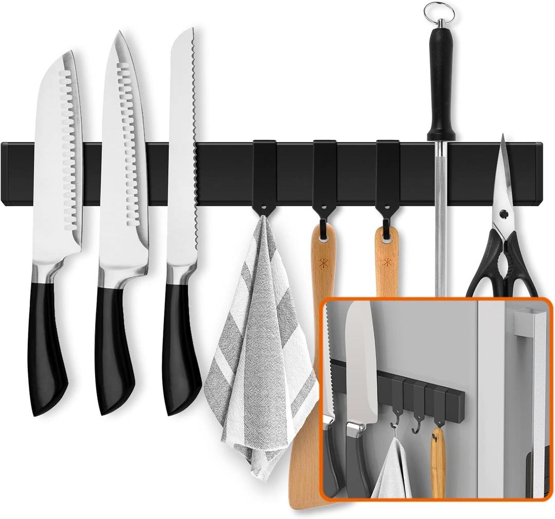 Fridge Applicable 17 Inch Double Sided Magnetic Knife Holder - Stainless Steel Knife Strip With Powerful Magnetic Pull Force - Use as Kitchen Knife Holder, Knife Rack & Tool Holder - Matte Black (17 inch Black)