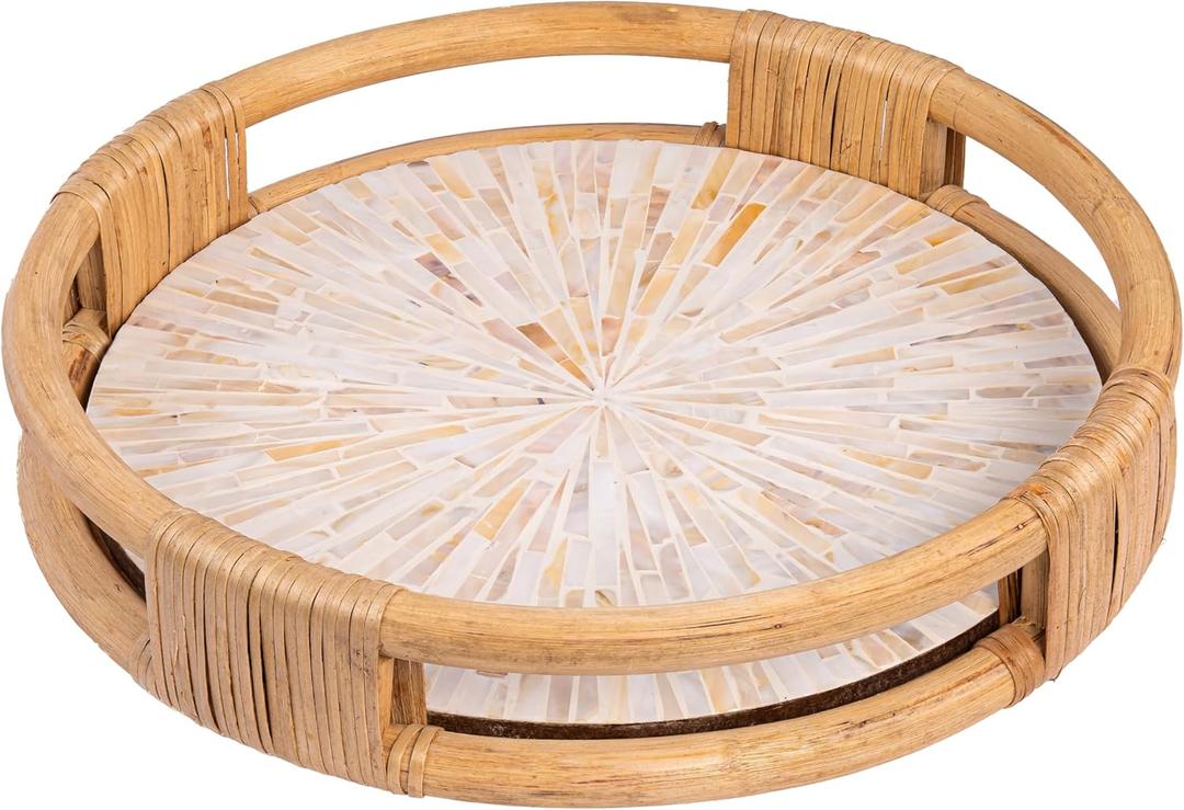 PEMAR 15" Round Serving Tray Mother of Pearl with Natural Rattan Handle Boho Decorative Wicker Basket Tray for Breakfast, Dinner, Coffee Table Decor (White Cream Sunlight)