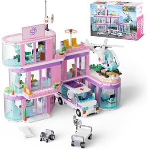 QLT QIAOLETONG Friends City Hospital Building Set, Ambulance Truck with Hospital Bed Wheelchair Playset Birthday, Gift for Boys Girls Kids 6+ Years Old-Compatible with Lego for Girls Age 8-12