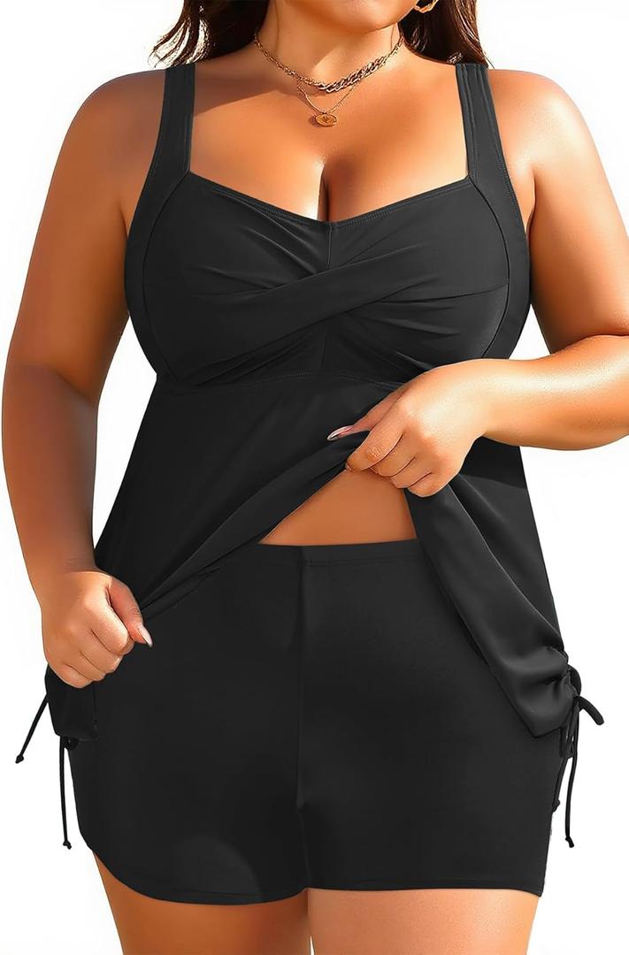 Aqua Eve Women Plus Size Tankini Swimsuit Two Piece Flowy Swimdress Bathing Suits with Shorts (Black, 26W)
