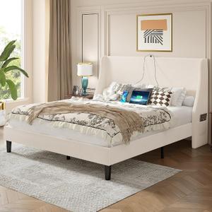 VECELO Queen Bed Frame with Upholstered Wingback Headboard, Heavy-Duty Platform Bedframe with Charging Station, Wooden Slats, No Box Spring Needed, Beige