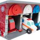 Melissa & Doug Toy Keys and Cars Wooden Rescue Vehicles and Garage (7 pcs) Toddler Pull Back Toys, Toy Garage for Kids Ages 3+