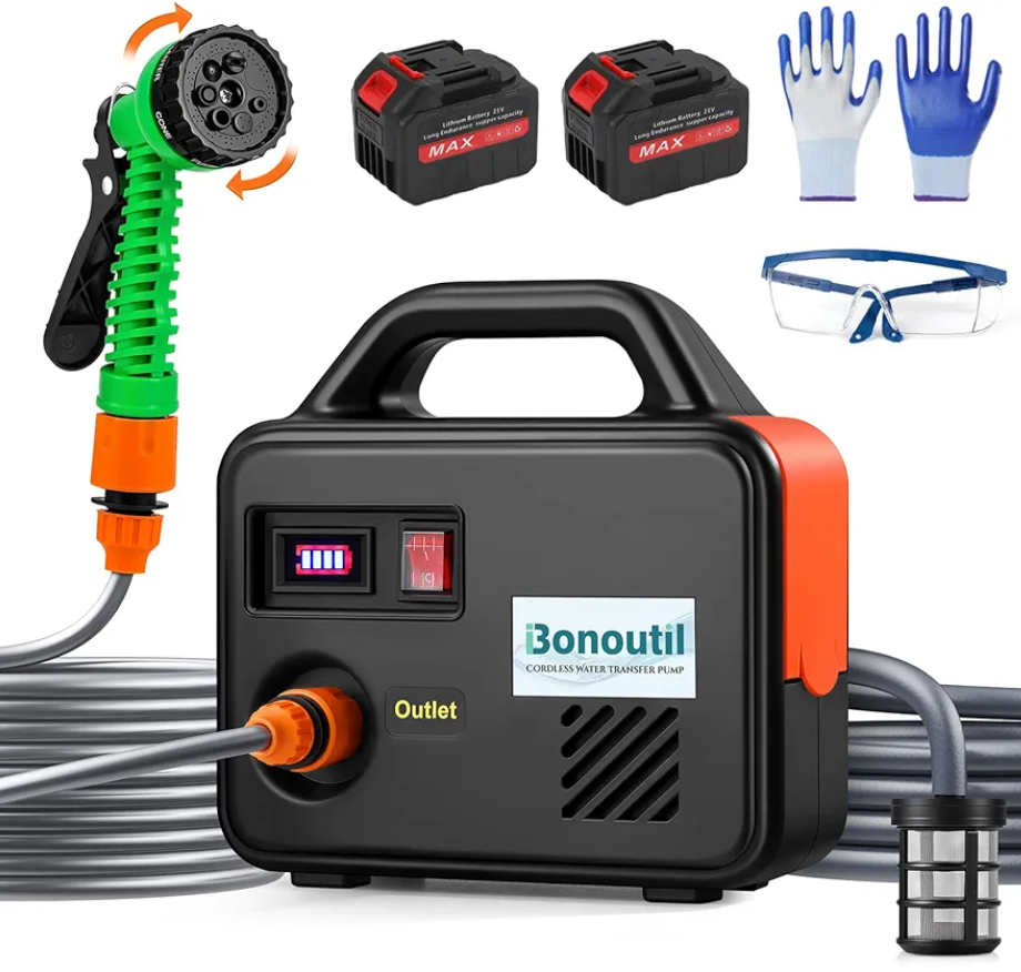 21V Battery Powered Water Pump 240GPH Cordless Water Transfer Pump Battery Operated with Garden Hose Nozzle 7 Spray Modes for Watering Car Washing Tub Fish Tank Inflatable Pool (2 Batteries)