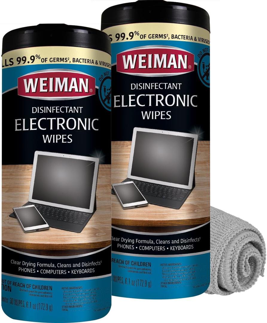 Weiman Electronics & Screen Disinfecting Wipes - Safely Clean and Disinfect Your Phone, Laptop, Keyboard, Tablets, Lens, Wipe, Glasses Cleaner, 30 Count, 2 Pack with Micro Fiber Towel