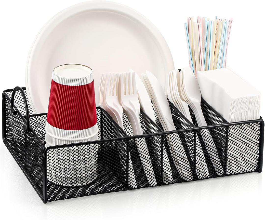 Utensil Caddy with Handle, Metal Paper Plate Holder for Kitchen Counter, Silverware Cutlery Caddy Organizer Flatware Storage for Plastic Spoon Fork Plates Napkins Cup Party Camping Black