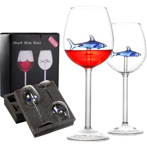 Shark 3D Blue Colored Wine Glasses (Set of 2), Personalized Red Wine Cups, Modern Shark Lover Gifts for Women, Party, Birthday, Wedding (Goblet)