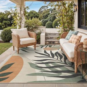 GENIMO 5x8 Outdoor Rug, Washable for Patio and Deck, Beige Olive | Botanical leaf design for porch; fade resistant chenille with quick-dry non-slip backing for indoor sunroom.