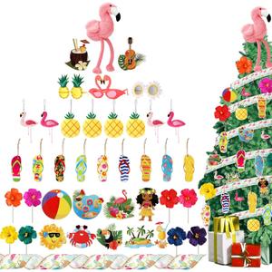 43 Pcs Christmas in July Tree Ornaments Tropical Hawaiian Christmas Decorations Flamingo Tree Topper Flip Flop Sunglasses Pineapple Ribbon Faux Flowers for Luau Party Hawaiian