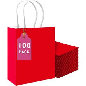 qiqee 100PCS Gift Bag with Handles Bulk Red Paper Bags Multiple Uses (13''x5 x10 inch Large Size)