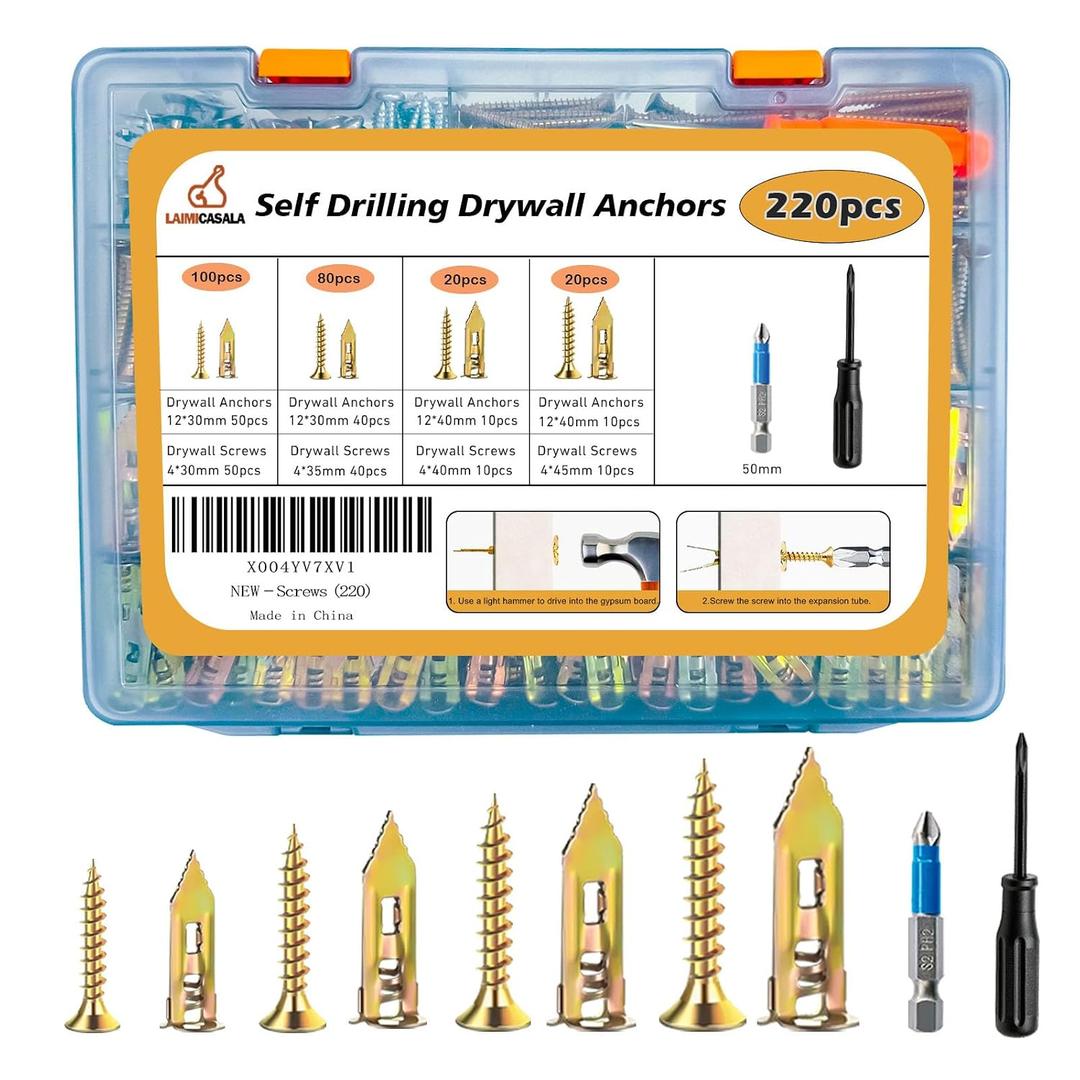 220pcs Self Drilling Drywall Anchors with Screws Kit- Heavy Duty Metal Expansion Bolts, 4 Sizes Sheetrock Anchors & Zinc Plated Steel Expansion Screws,No Drill Needed for TV Shelf Decor Frame Install