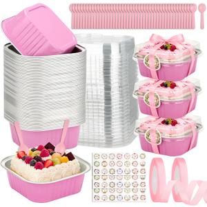 245 PCS 10 oz Mini Cake Pans with Lids, 60 Pack 4.4x4.4 Large Aluminium Foil Pan Mini Cake Tins with Lids and Spoons, Square Individual Baking Pan Cup for Wedding Birthday Party Picnics