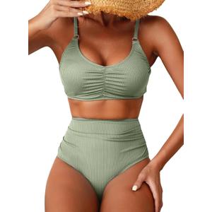 Herseas Women's Loop Straps Bikini Sets 2 Piece Shine Ribbed Swimsuits Ruched High Waisted Bathing Suits (Green, XL)